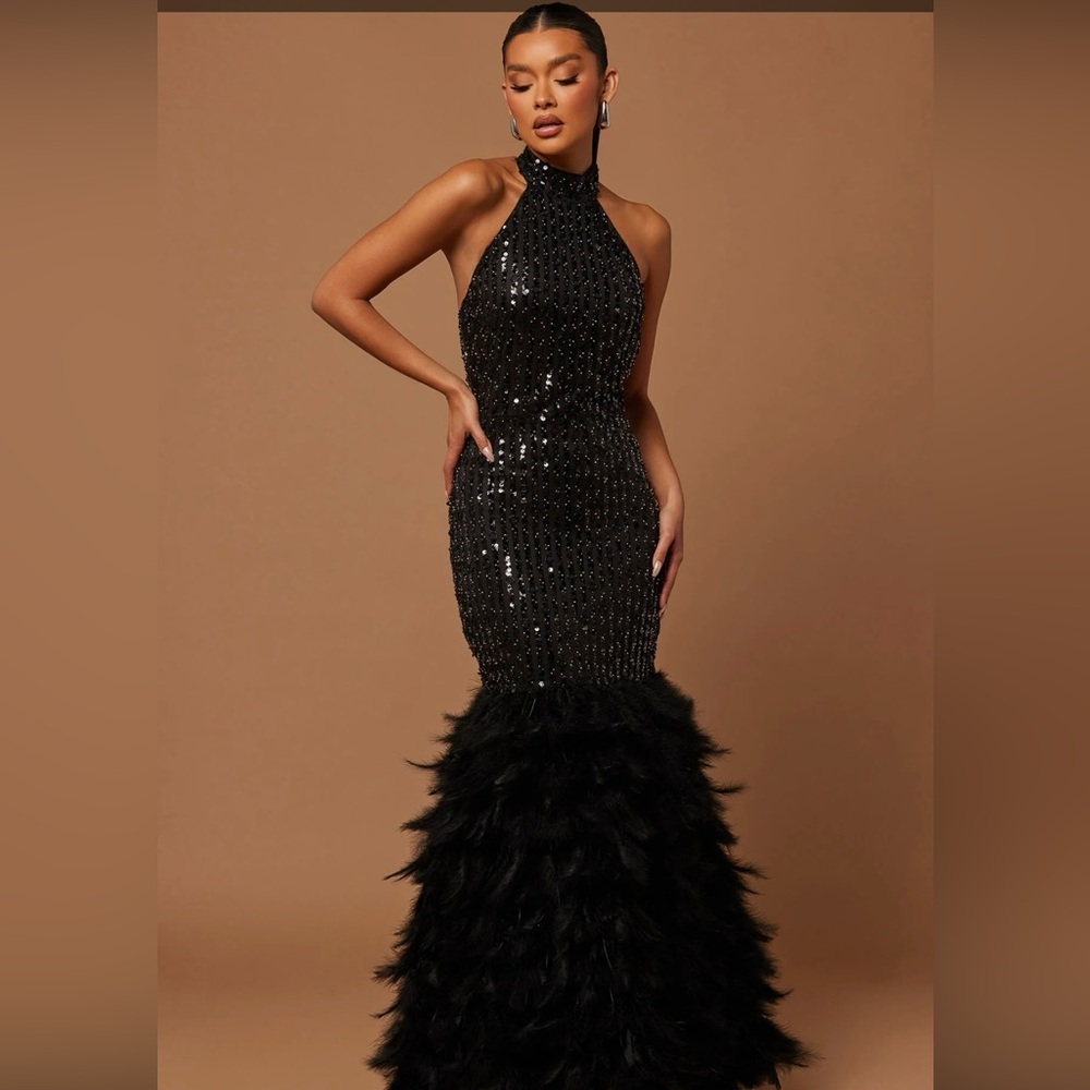 Ellie Embellished Feathered Black Gown with gold beading Size Medium